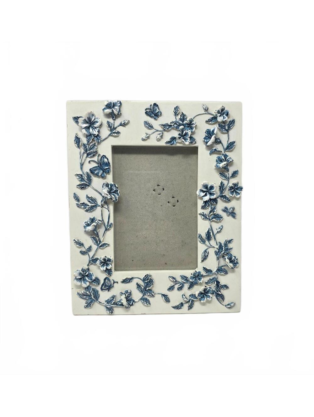 Vintage Blue White Floral Butterfly Resin Frame 3.5x5 Cottagecore